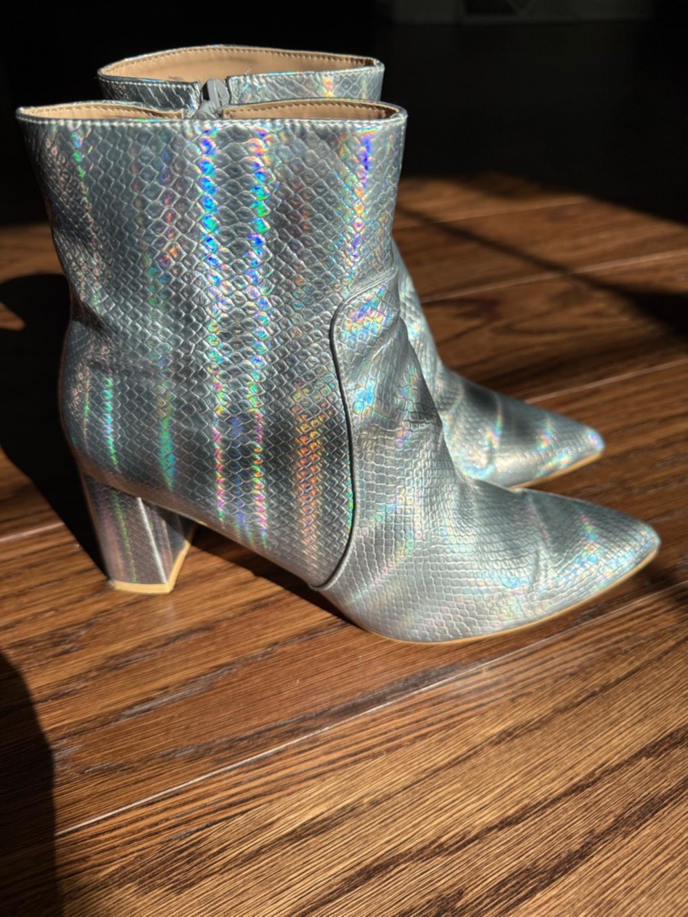 Allegra K Iridescent Silver Snake-Embossed Ankle Boots